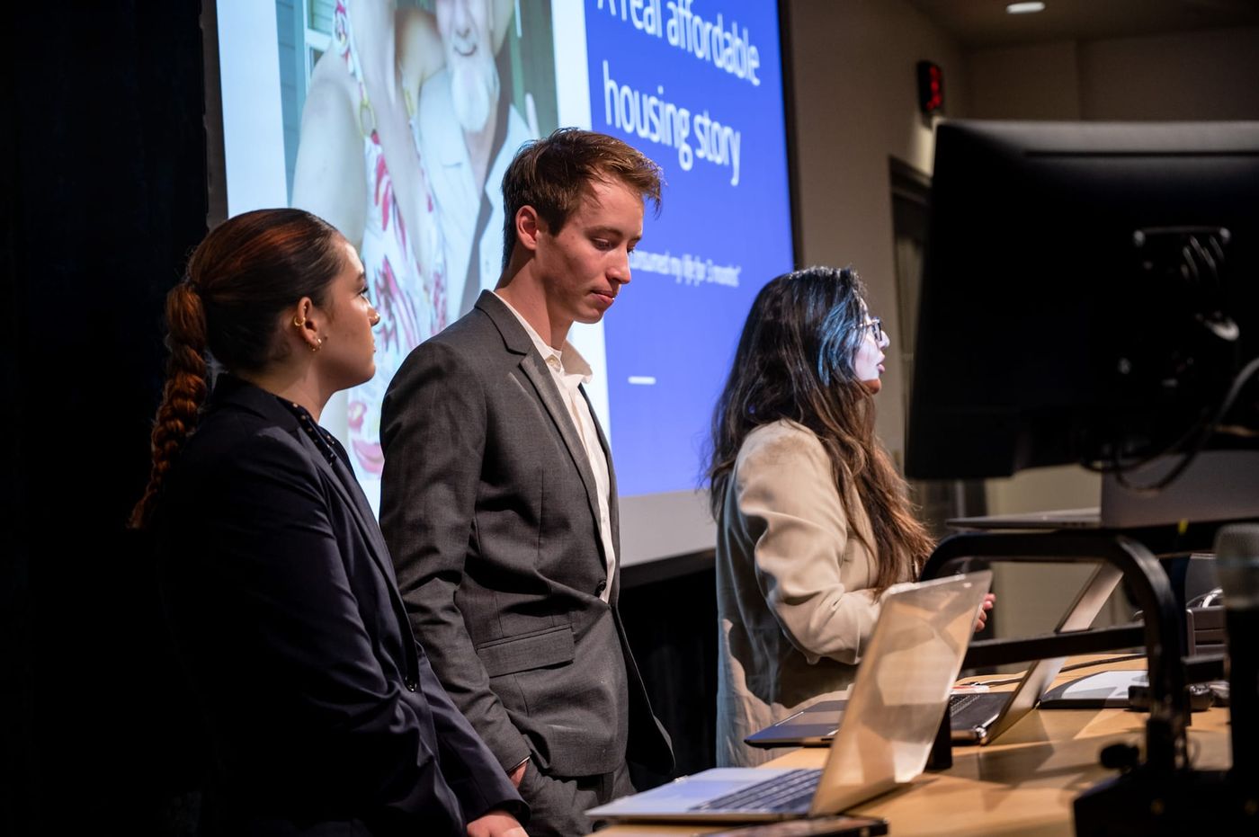 Students in conversation with a judge